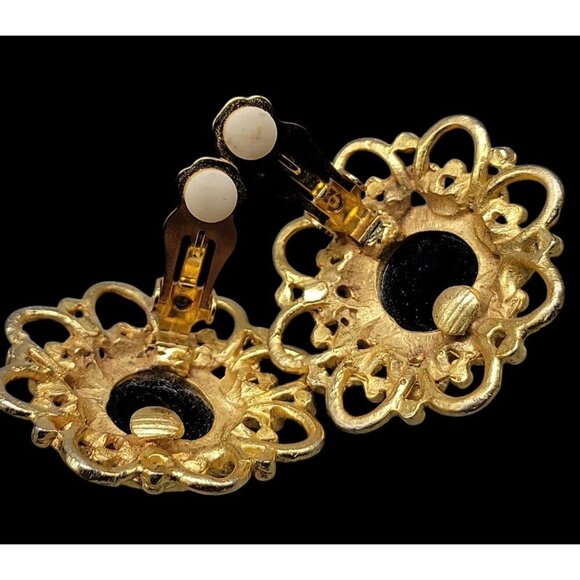 Runway Style Clip-On Earrings Gold Black Stone Center - Picture 12 of 14